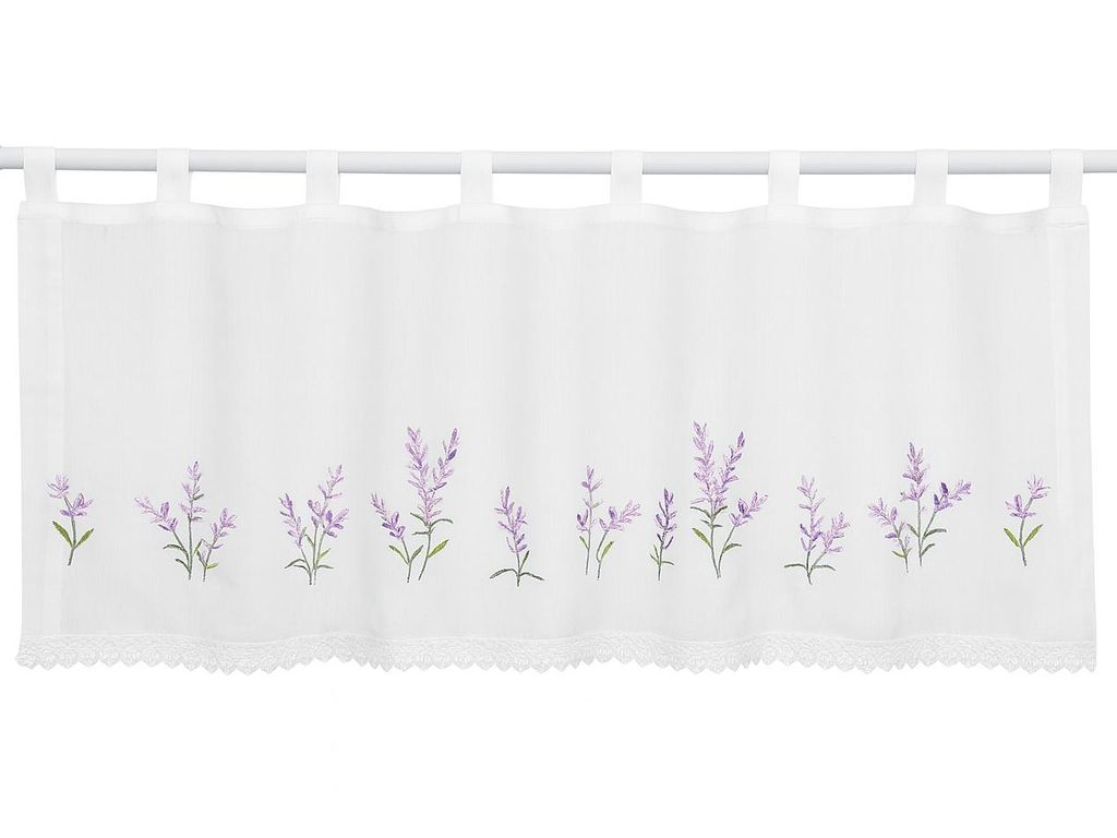 A white valance curtain with embroidered lavender flowers along the bottom edge, hanging from a white rod.