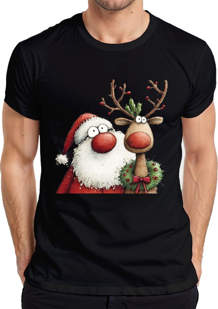 Weihnachtsmann Rentier rote Nase Kranz lustig Weihnachten Vintage Herren T-Shirt, Schwarz, S
