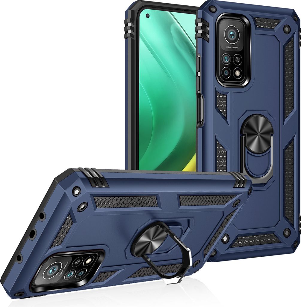 LaimTop Schutzhülle für Xiaomi Mi 10T / Mi 10T Pro, Dual Layer Robust Militäre Fallschutz Hülle mit Ringhalterung Ständer Blau