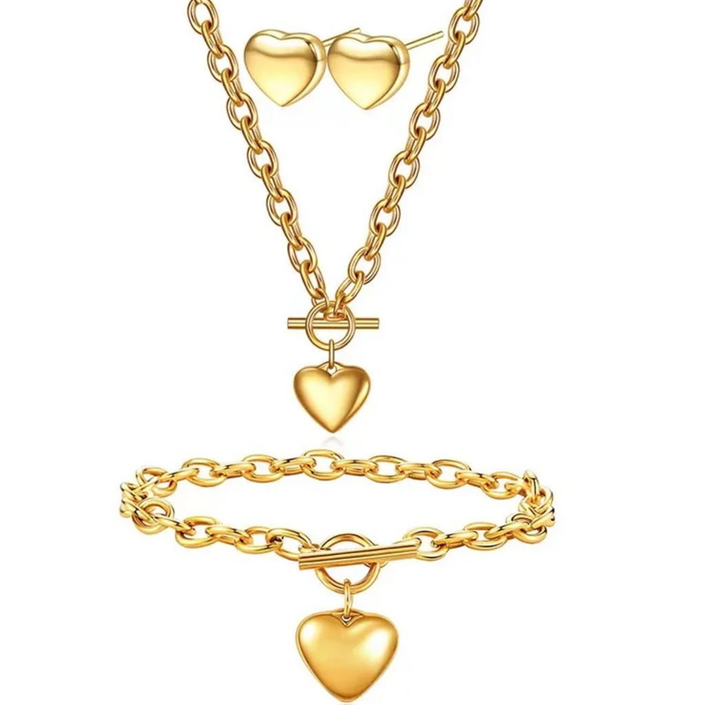 Elegantes Herz Schmuckset in Gold - Halskette, Armband und Ohrringe KP34206