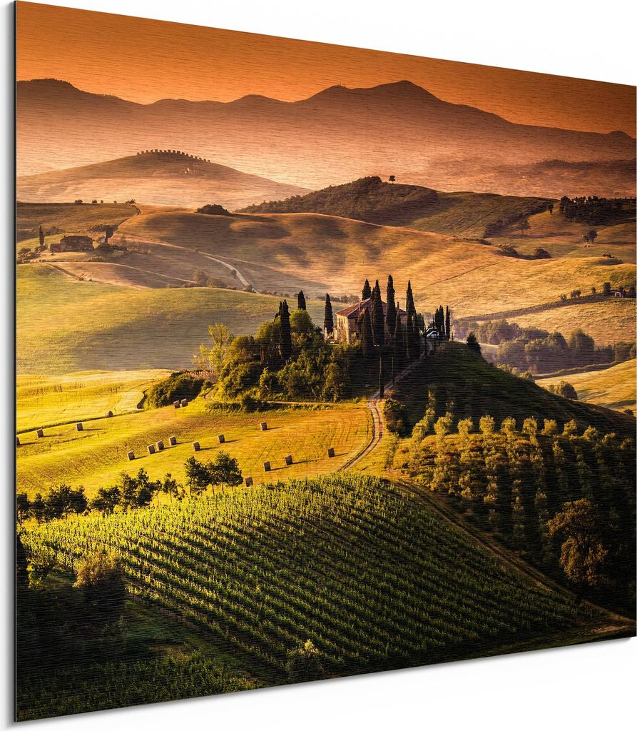 DEQORI Alu-Dibond Bild Gold 40x30 cm 'Toskana Panorama' Wandbild Metall dünn Design