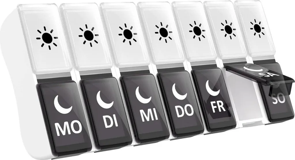 Boîte à médicaments 7 jours noire sans BPA à double compartiment