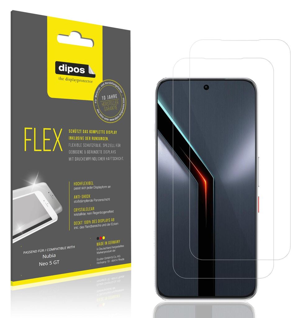 2x Schutzfolie für Nubia Neo 5 GT Folie, 100% Displayabdeckung, dipos Flex
