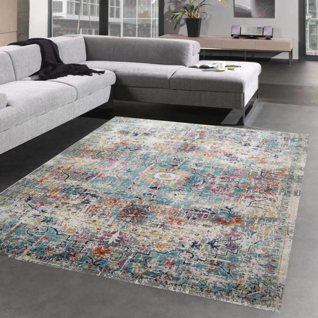 Teppich Outdoor Orientteppich Ornamente Wohnzimmerteppich Vintage in grau blau Größe - 80 x 300 cm