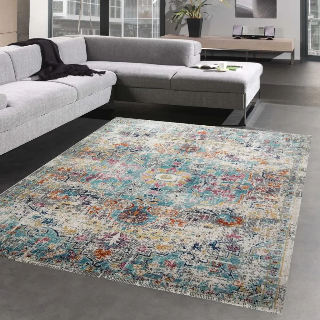 Tapis d'extérieur pour terrasse et salon vintage bleu-gris 80x300 cm