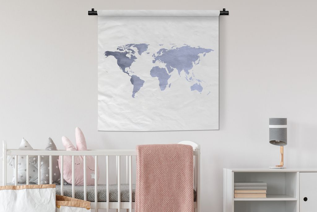 MuchoWow Wandteppich Wandbehang Weltkarte - Silber - Weiß 90x90 cm Tapisserie Dekoration Wandtuch - Wandaufhänger