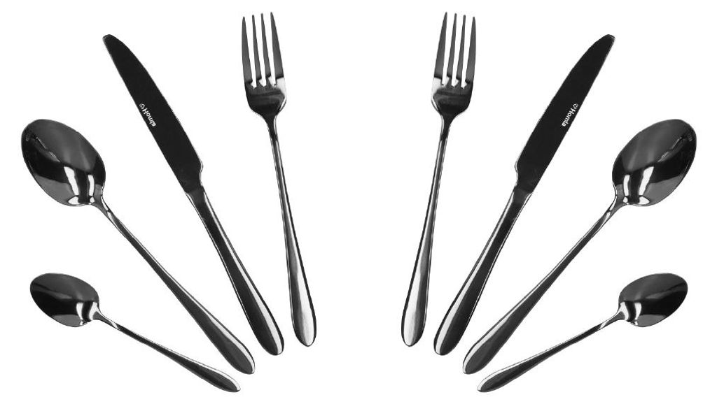 A set of cutlery arranged on a white background.