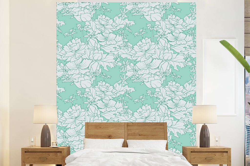 MuchoWow Fototapete für Wohnzimmer oder Schlafzimmer Wandtapete Vinyl Motivtapete Muster - Vintage - Blumen - 195x240 cm - Gemusterte