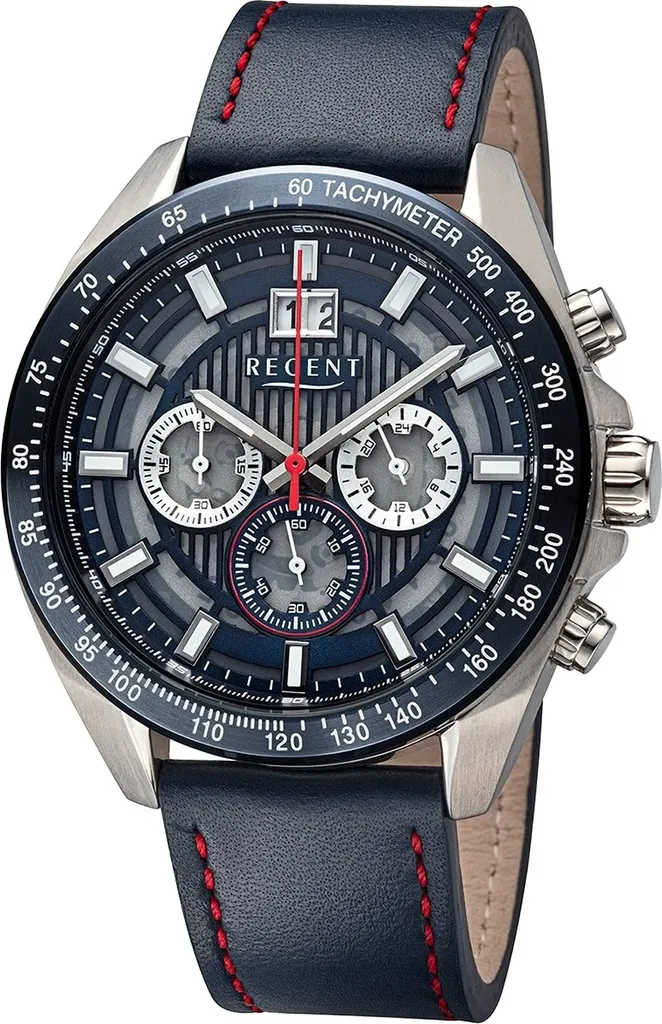 Montre Analogique Homme en Cuir - Design Sportif Bleu et Rouge Regent