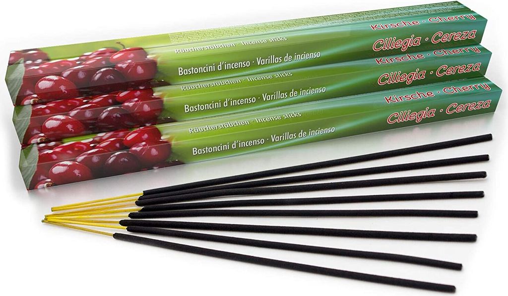 Premium Räucherstäbchen Kirsche / Cherry: natürlich traditionell aus Indien in fairer Herstellung. Großpackung mit 10 Boxen = 80 Stück je 45mi...