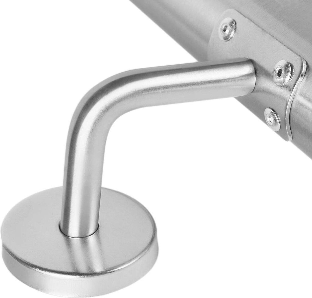 A close-up shot of a stainless steel handrail bracket attached to a railing.