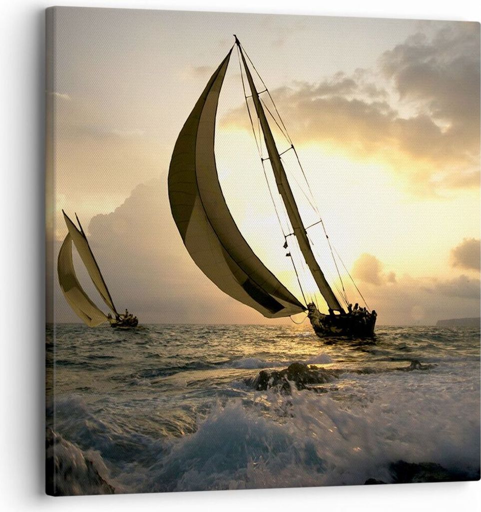 Bild auf Leinwand - Leinwandbild - Schiff Sonnenuntergang Sonne Landschaft - 30x30cm - Wand Bild - Wanddeko - Leinwanddruck - Bilder - Kunstdruck -...