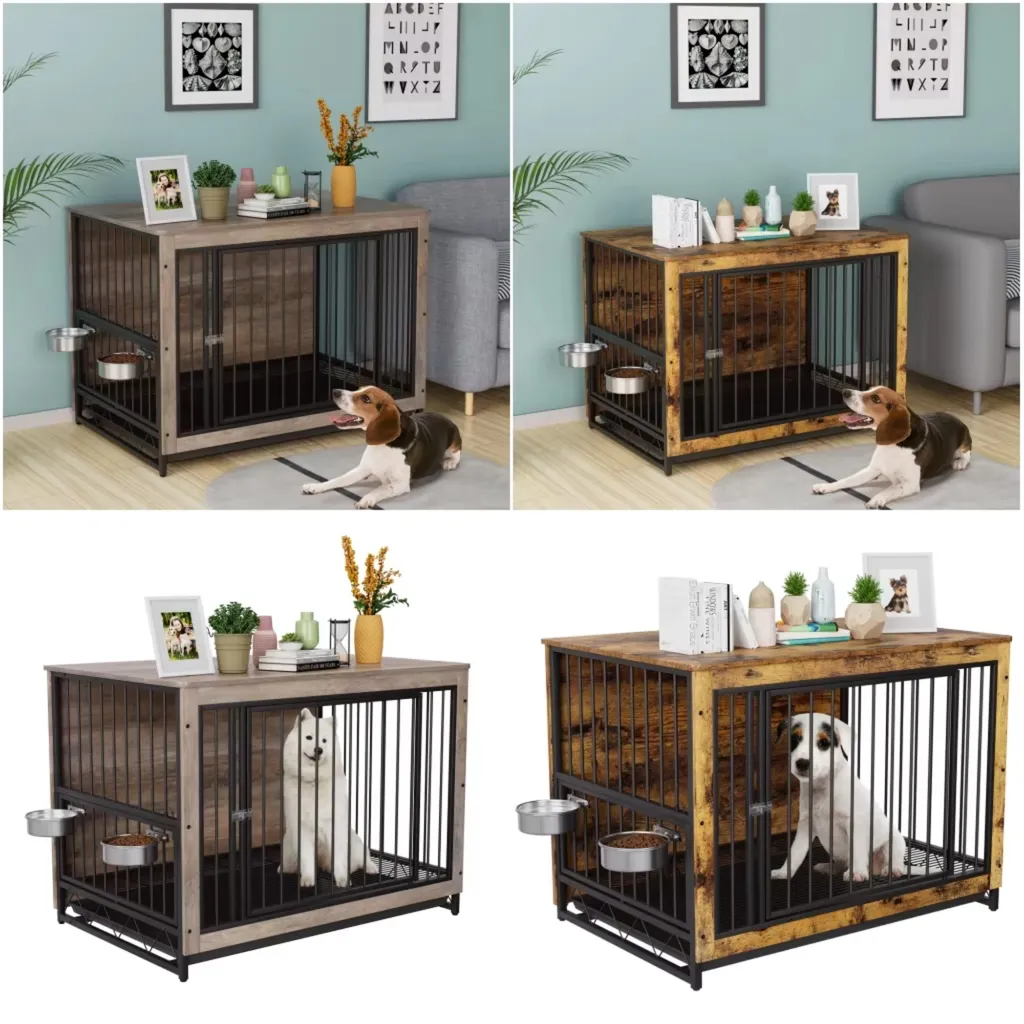 Table d'appoint cage pour chiens intérieure avec écuelles intégrées