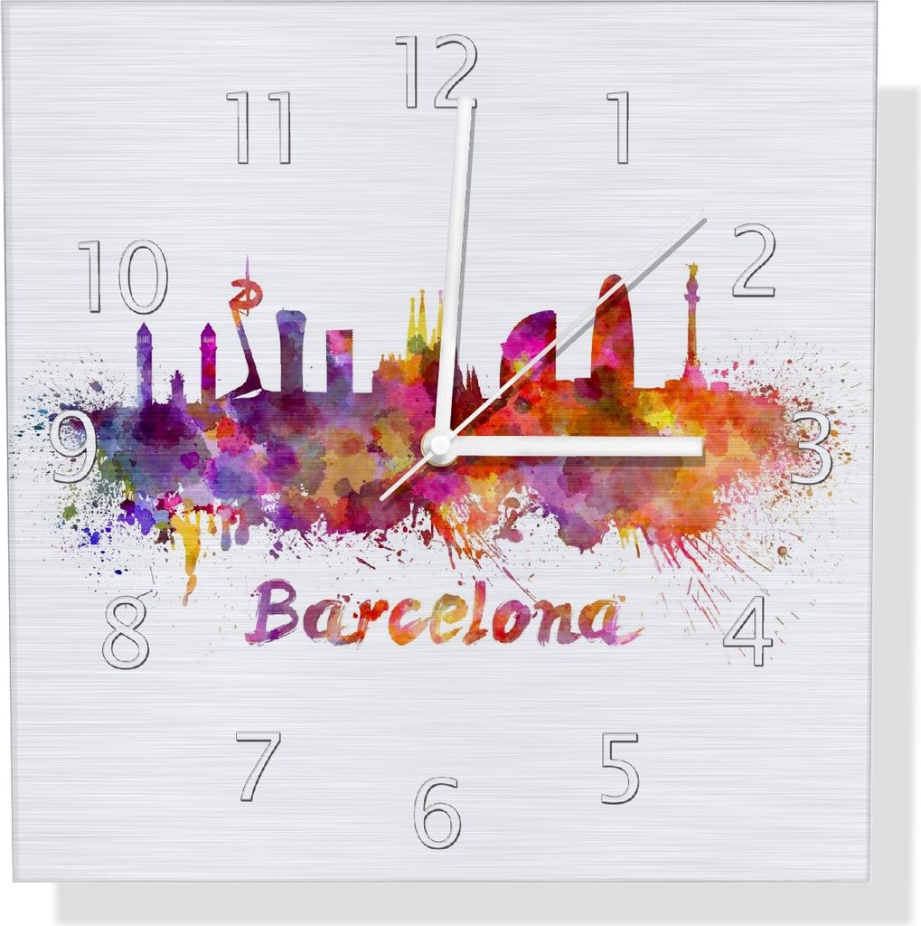 Wallario Design Wanduhr Städte als Aquarell - Skyline von Barcelona aus Aluverbund, Größe 30 x 30 cm