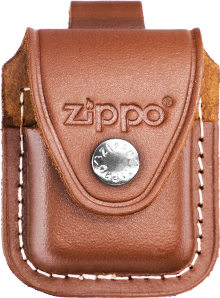 A close-up of a brown leather Zippo lighter case.