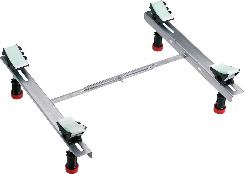 A product shot of a metal bathtub support frame with adjustable legs and green padding.