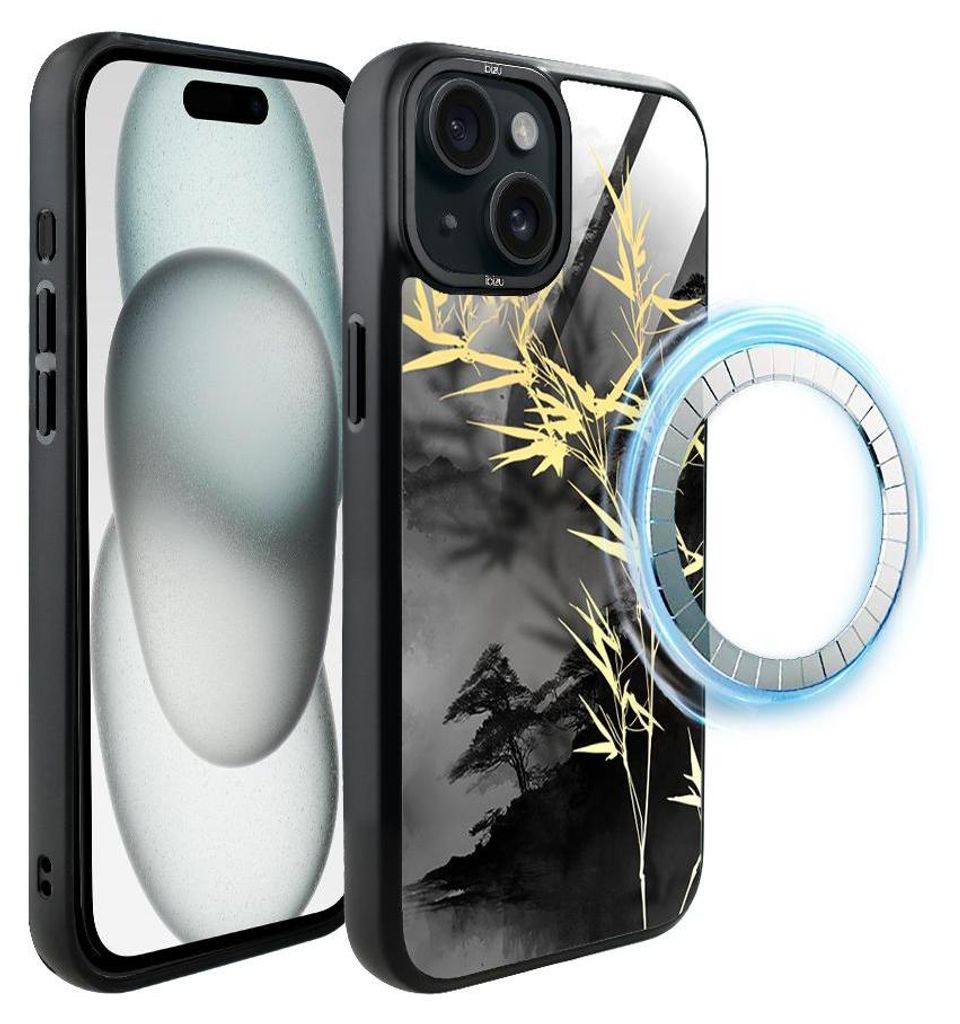 Schutzhülle für das iPhone 15 Plus, MagSafe-kompatibel, mattschwarze Seiten, Bambus mit Vergoldung