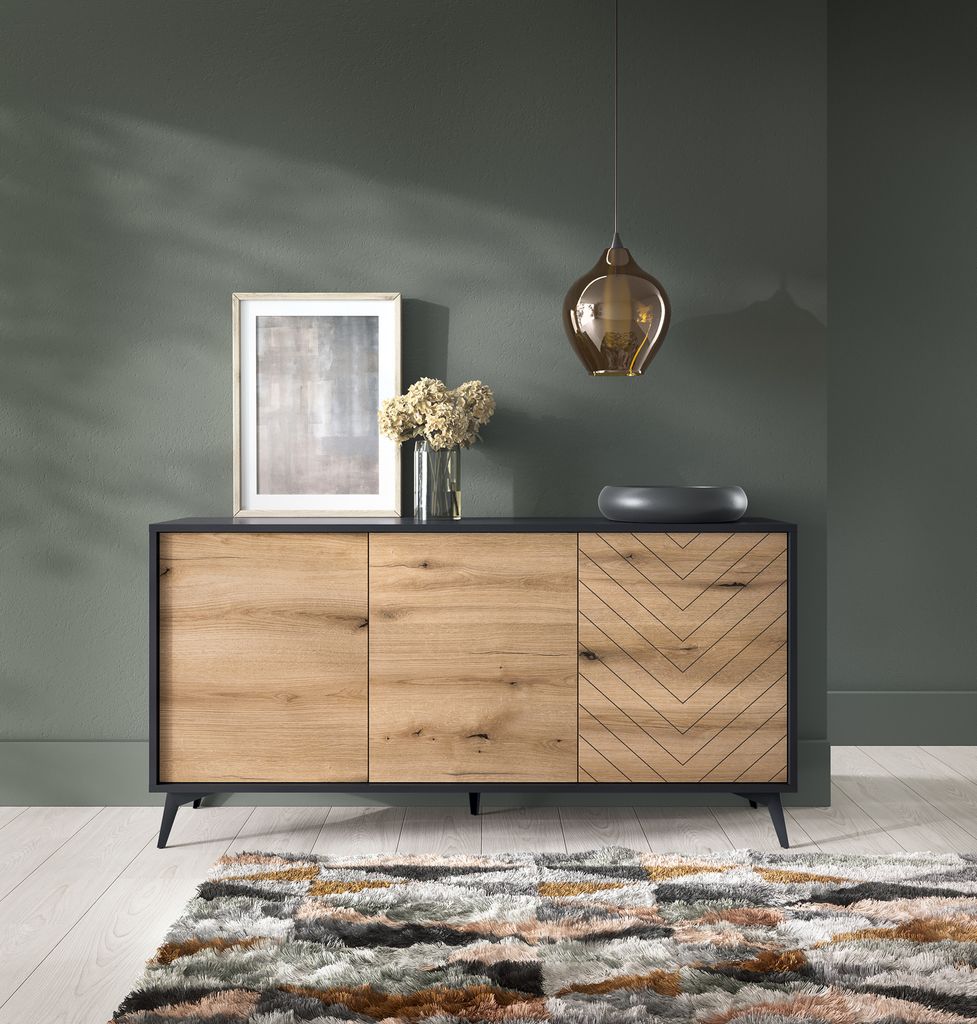 Modern Große Kommode 154 Cm, 3 Schubladen 2 Türen, Eiche Evoke, Korpus Schwarz
