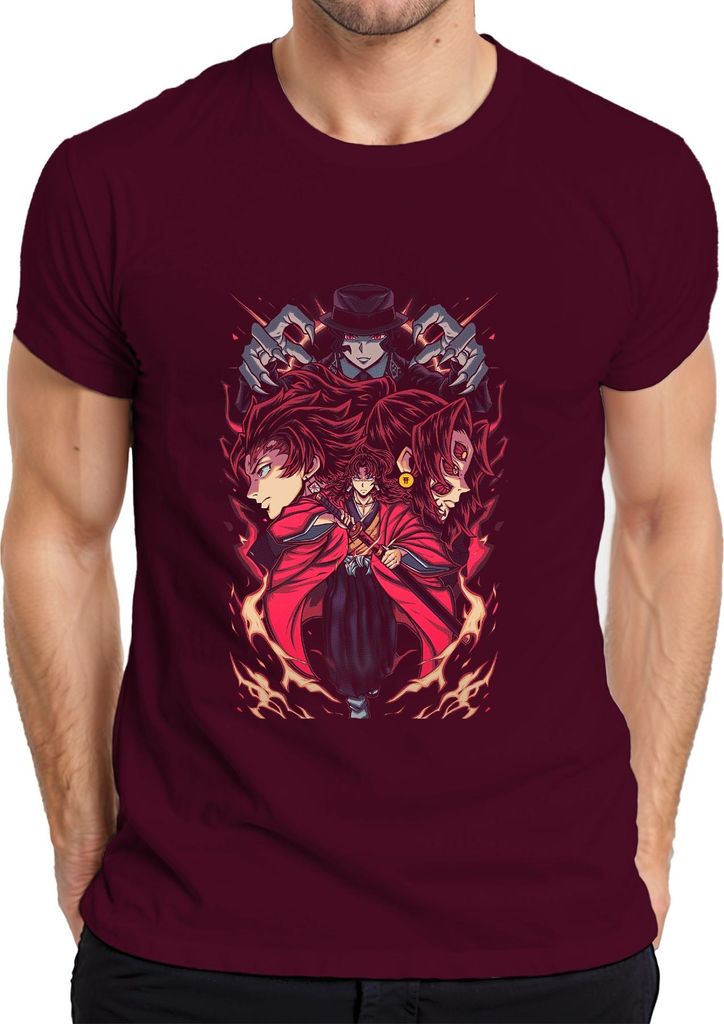 Samurai Katana Dämonenjäger Feuer Maske Anime Manga düster Herren T-Shirt, Burgundy, 3XL