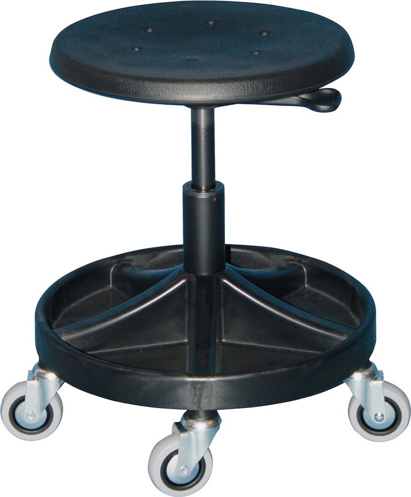 Drehhocker Atlanta | Sitzhöhe 40-53cm | Ø 63cm | Tragfähigkeit 110kg | Polyurethane-Sitz | Kunststof-Fußkreuz mit Ablageschale & Rollen | Hebel...