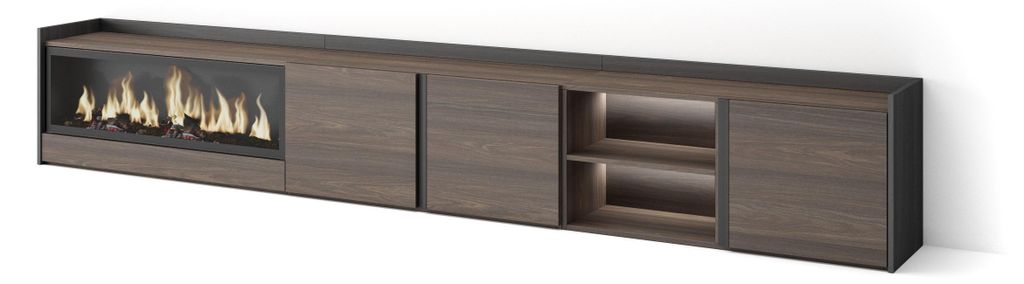 TV-Möbel Holzeffekt eiche schwarz 315x35x50cm Kamin mit Feuereffekt