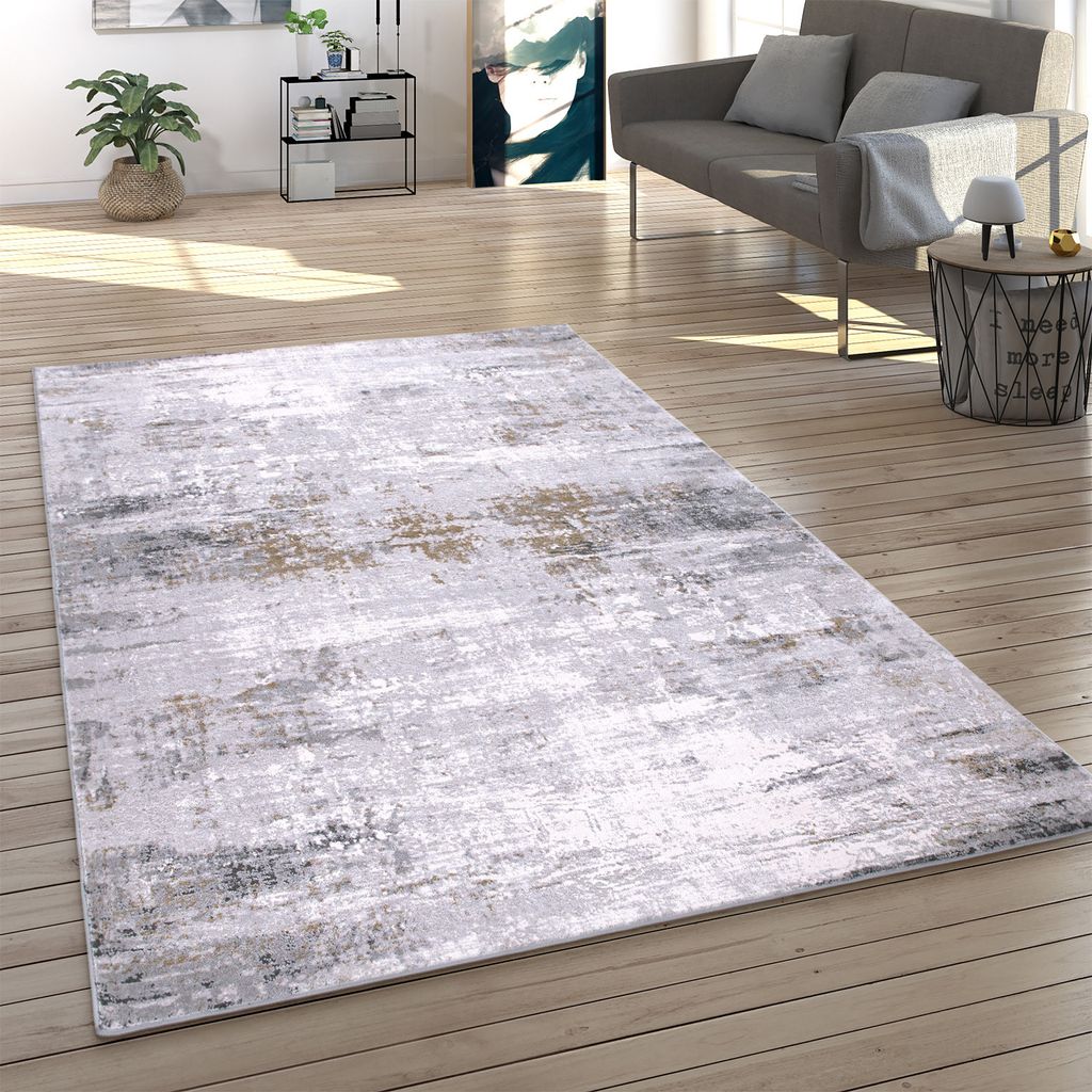 Teppich Wohnzimmer Kurzflor Vintage Abstrakt 3D Effekt Mehrfarbig Grau Creme Grösse 80x150 cm