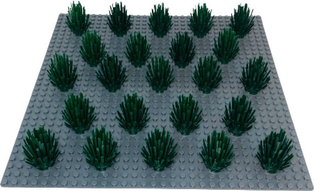 A collection of 25 dark green LEGO bushes arranged on a gray LEGO baseplate.