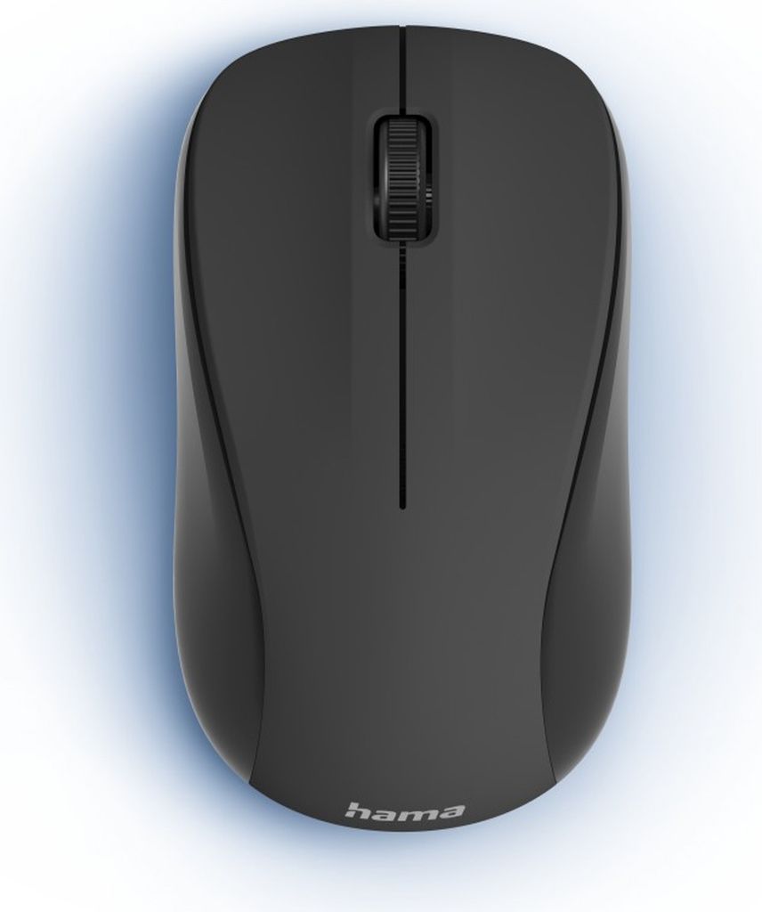 A top-down view of a black wireless computer mouse on a white and light blue gradient background.