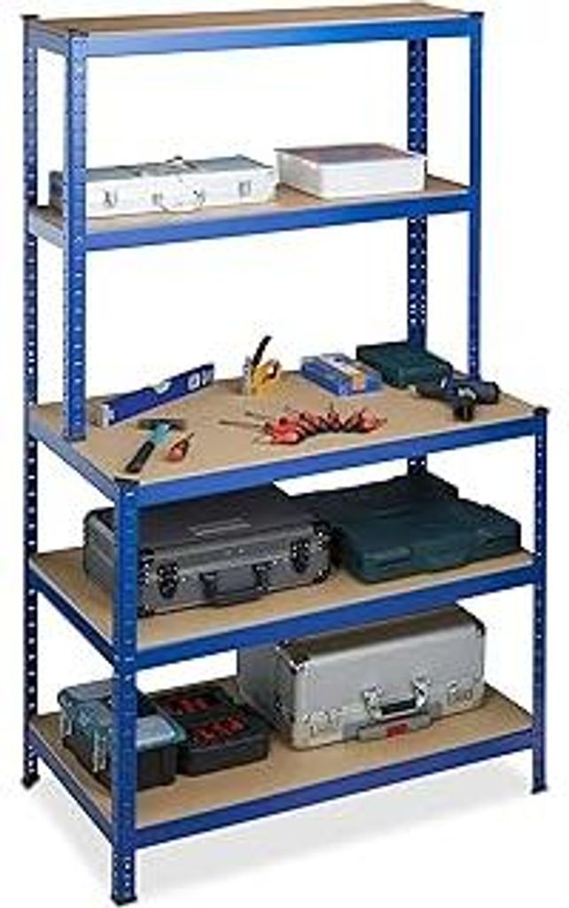 Schwerlastregal, mit Werkbank, Traglast 900 kg, 5 Ebenen, zum Stecken, Keller, 180x100x60 cm, Stahl, MDF, blau