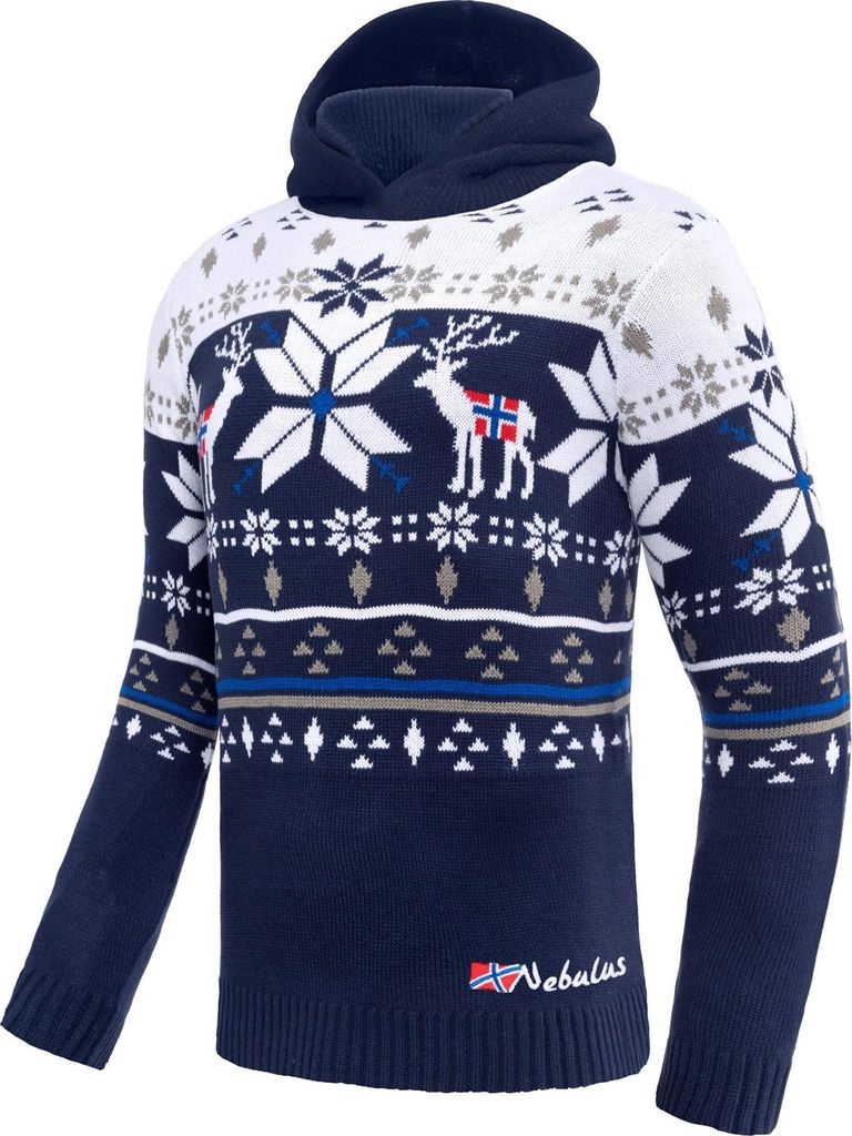 Nebulus Norweger Strick-Hoodie NORJAN Herren, warmer Pullover , praktischer & vielseitiger Kapuzenpullover , P6183 - Herren, navy-weiß, S
