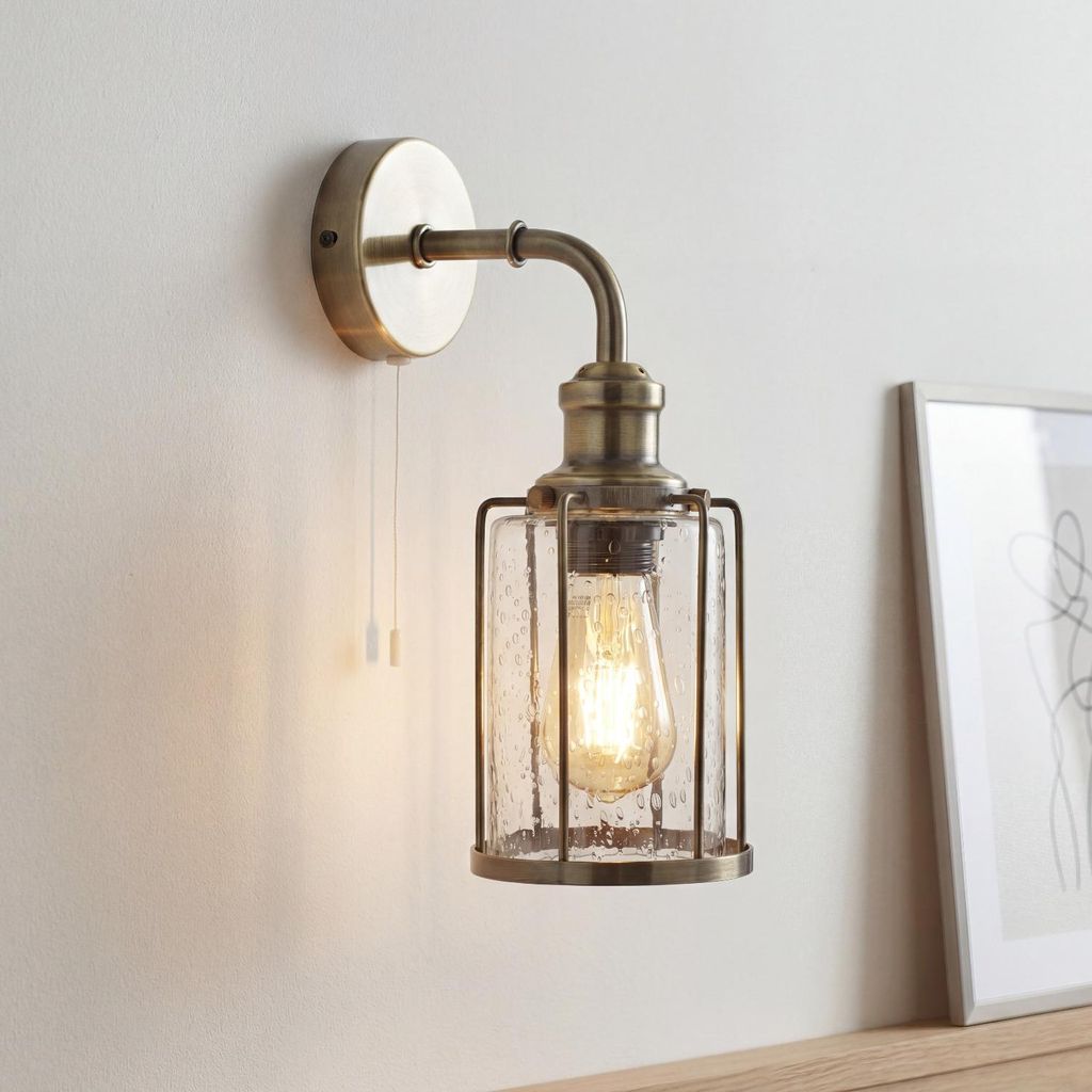 Wandlampe Glas Metall E27 H: 32.5 cm in Messing Antik Vintage