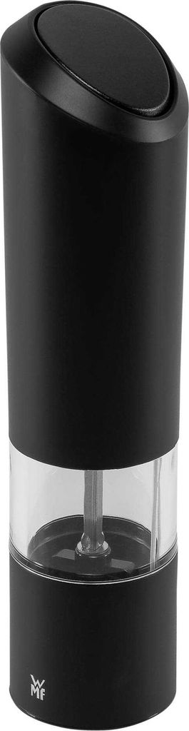 A black electric salt and pepper grinder with a clear lower section.