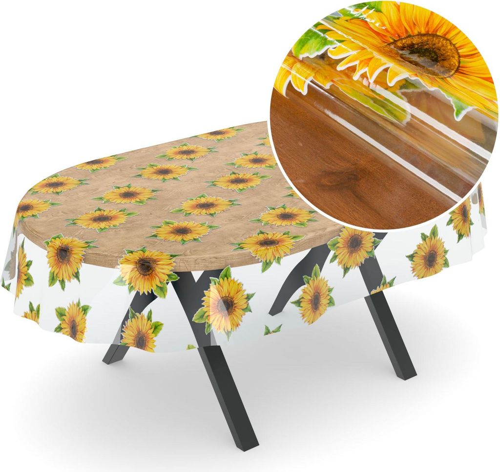 Tischdecke Klara Tischtuch Plastiktischdecke Schutzdecke Klarsichtfolie Sonnenblumen Transparent Wasserabweisend Oval Breite 140 cm Länge 300 cm m...