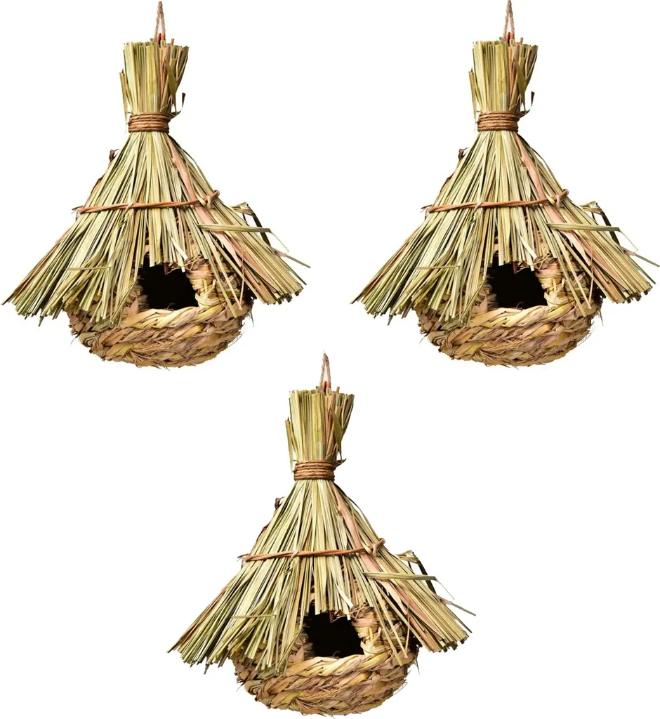 3 x casetta per uccelli - nido per uccelli in paglia sospesa - circa Ø23 x 31 cm