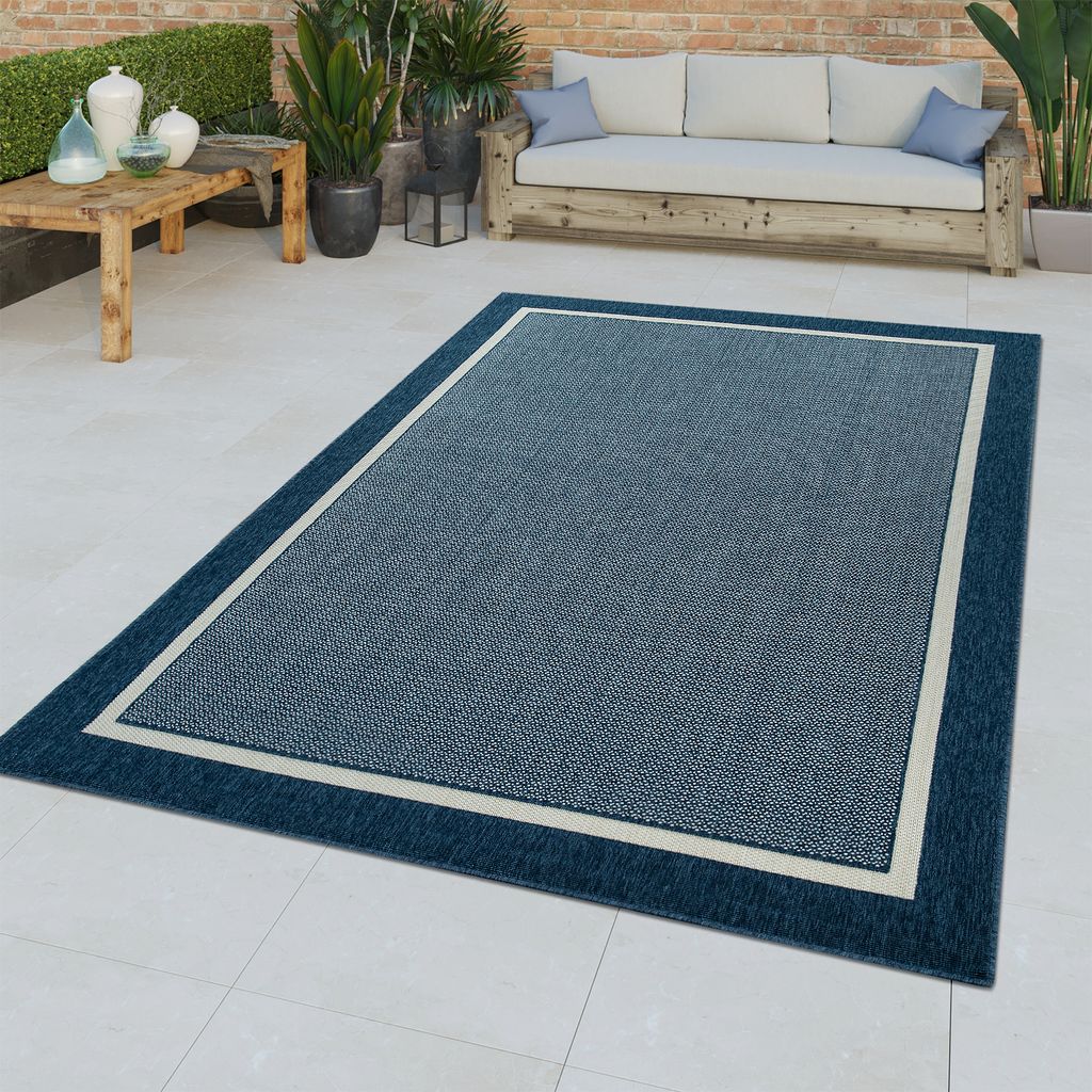 TT Home Kurzflor In- & Outdoor Teppich 3D Effekt Bordüre Muster Natürlicher Look Blau Größe 80x150 cm