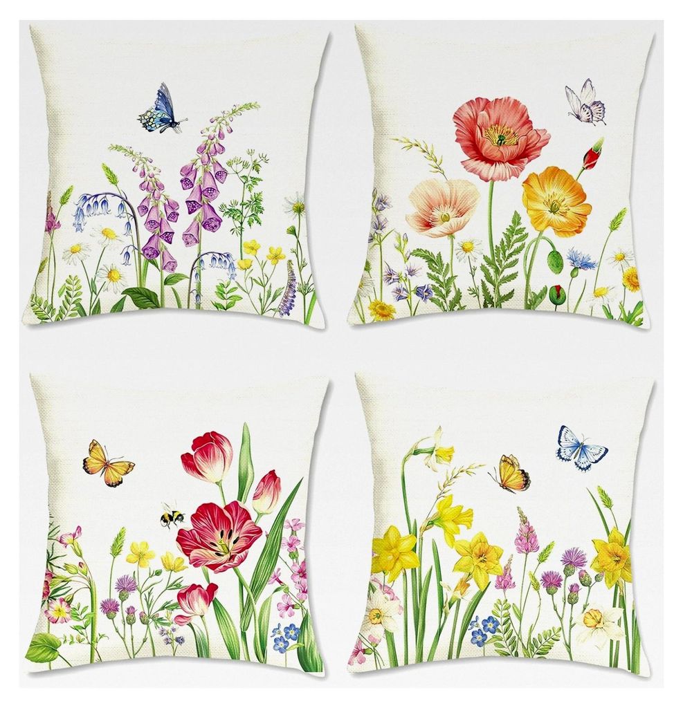4er Set Kissenbezüge mit Blumenmotiv 45 x 45 cm für Frühling und Dekoration