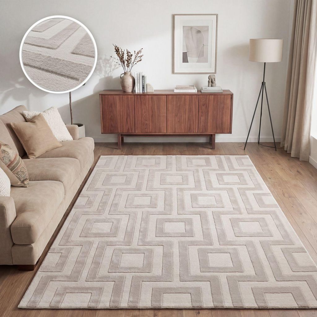 TT Home Wohnzimmer Teppich Esszimmer Kurzflor Boho Design Skandinavisch Abstrakte Optik Unifarben Hoch-Tief-Effekt Modern Größe 120x160 cm