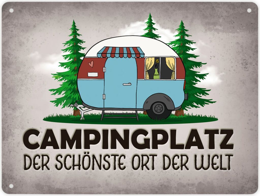 Metallschild XL mit Wohnwagen Motiv und Spruch: Campingplatz Schild