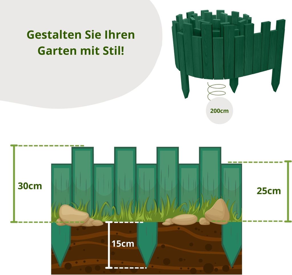 Floranica Beeteinfassung Rasenkante Holz Rollzaun Holzzaun 200 x 30 cm Grün imprägniert Flexible Rollborder Palisade Gartenzaun
