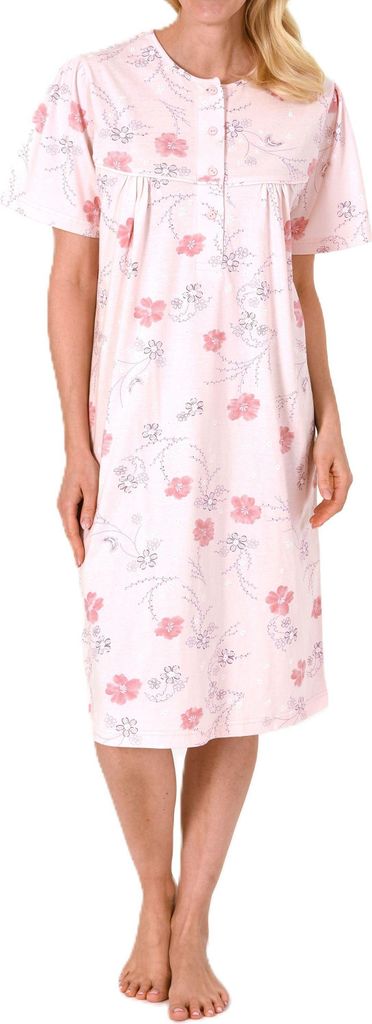 Frauliches kurzarm Damen Nachthemd in klassischer Optik,105 cm Länge, Knopfleiste am Hals ; rose , 44