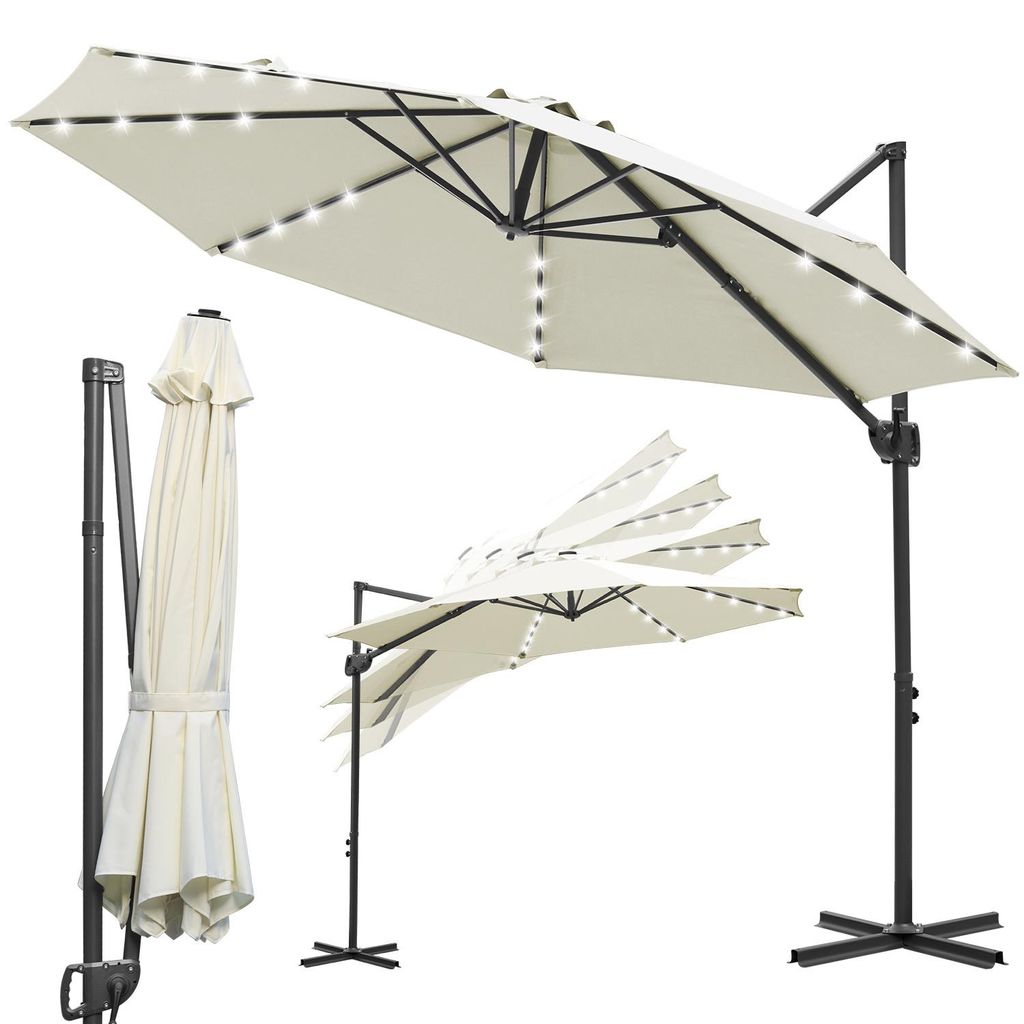 Vigevee Gartenschirm 3m Beige, Ampelschirm mit 28 LED, 360° drehbar & 0–60° neigbar, UV50+ wasserabweisend, Kurbelschirm wasserabweisend