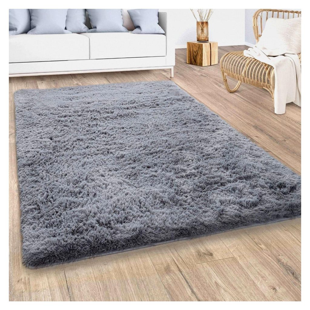 Hochflor Teppich für das Wohnzimmer, rutschfest, Shaggy, weich, modern, Kunstfell, einfarbig, Größe: 60x100 cm, Farbe: Grau