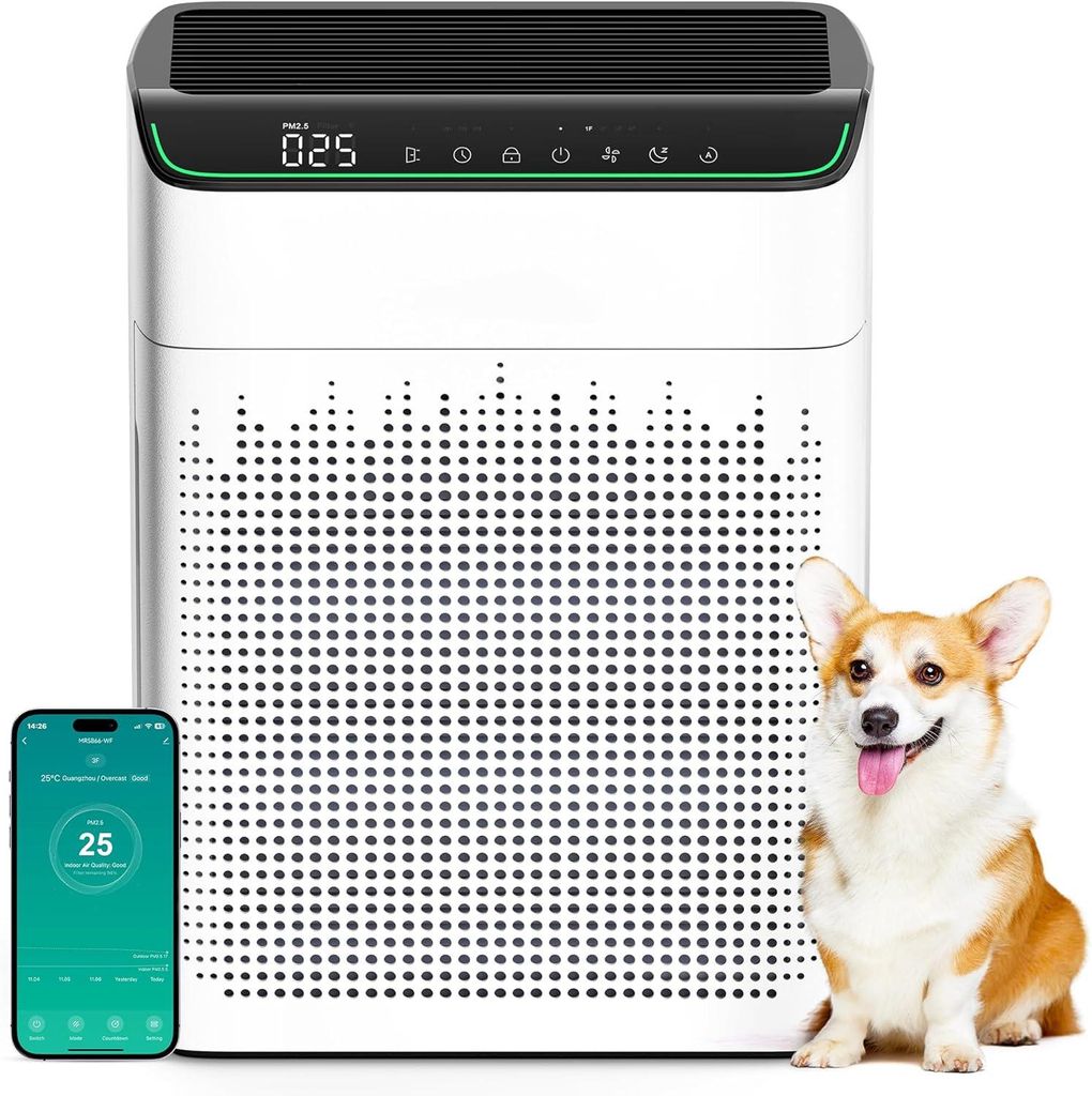 Luftreiniger für Allergiker & Raucher, CADR 340 m³/h, für 157 m², PM2.5 Luftqualitätsanzeige, WiFi & Alexa kompatibel, 4 Modi, 1 Stück