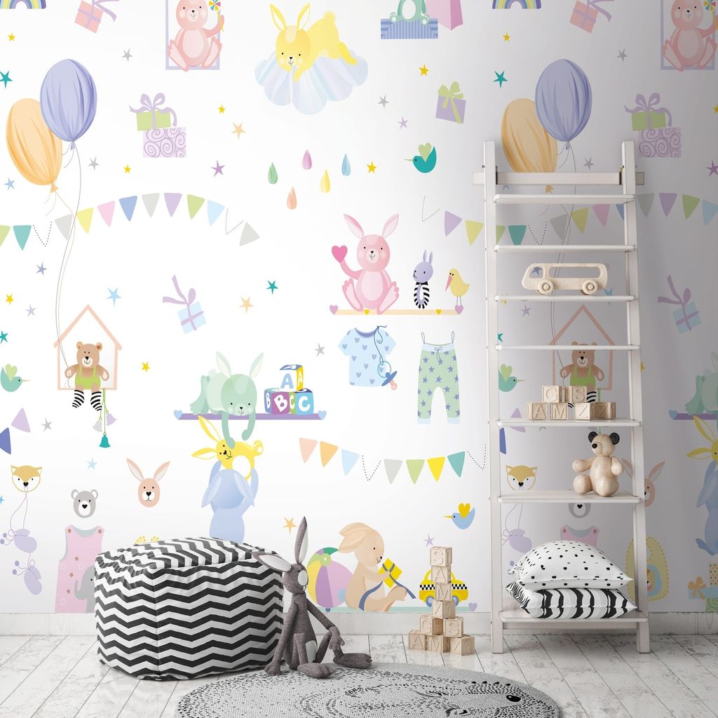 NEWROOM Tapete Bunt Vliestapete Hase - Wandbild Kinder Lila Weiß Luftballons Geschenke Tapete Verspielt Kindertapete
