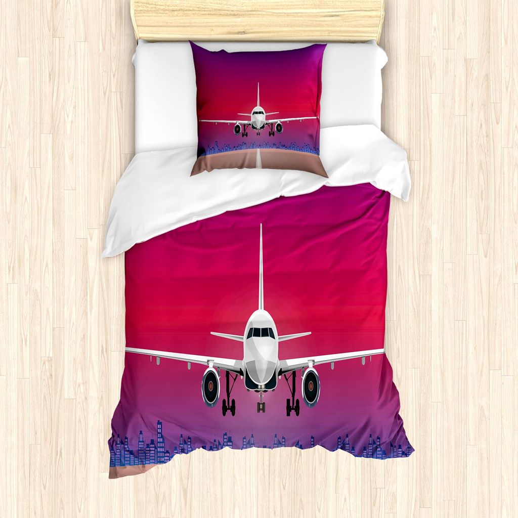 ABAKUHAUS Flughafen Bettbezug Set, Take Off Flugzeug über Abstrakt Süße bunte Sonnenuntergang Himmel mit Gebäude-Schattenbilder, 135 x 200 cm +...