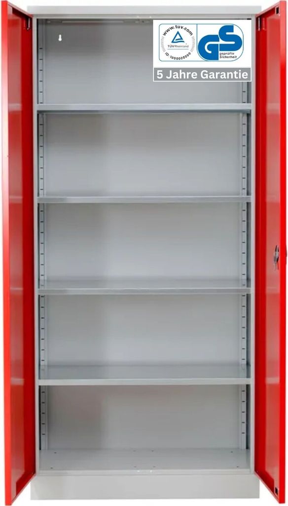 Stahlschrank BEE mit 4 lackierten Fachböden | HxBxT 195x92x60cm | Korpusfarbe Lichtgrau, Frontfarbe Feuerrot | Werkstattschrank Werkzeugschrank Ak...