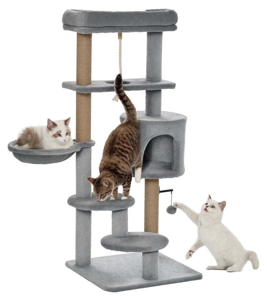 Kratzbaum für Katzen - Kletterbaum - 5 Ebenen - Holz - 120 cm - Mit Korb, Katzenhöhle und Spielball