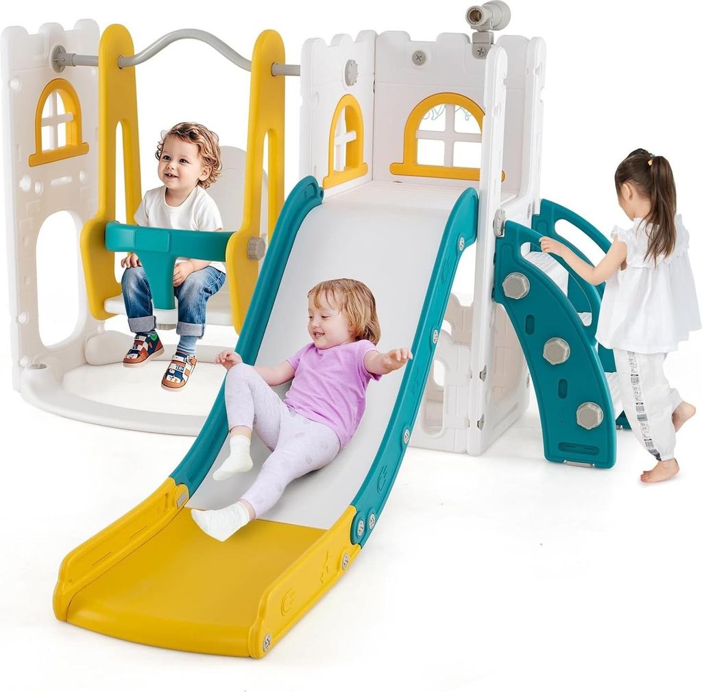 GOPLUS 7 in 1 Kinderrutsche, Kinderrutsche und Kletterspielset mit Leiter, Basketballkorb, Schaukel, Teleskop, Gelb+Grün