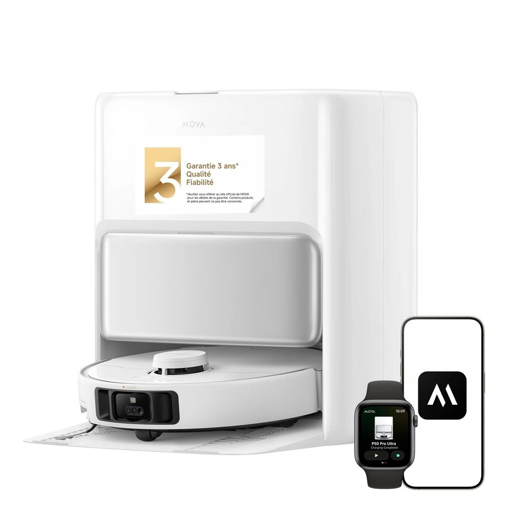 A white robot vacuum cleaner and its charging base are displayed with a smartphone and smartwatch showing an app interface.