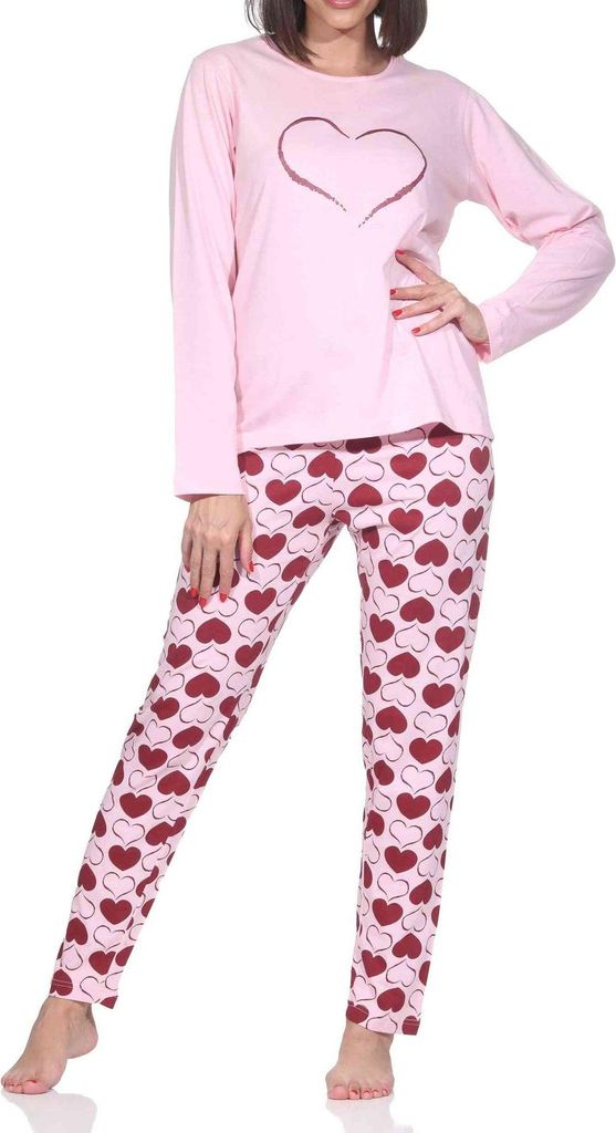 Normann Damen Schlafanzug langarm Pyjama in Herz Tupfen Punkte Optik ; rosa , 36